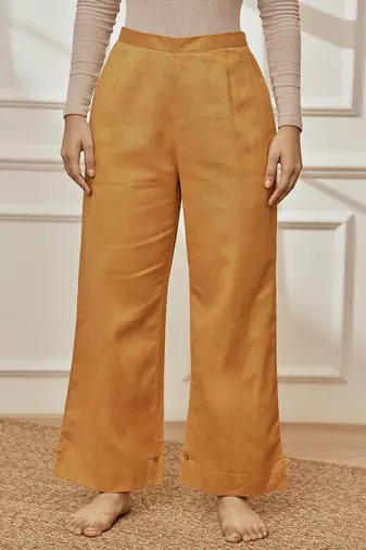 Women's dusty saffron cotton linen straight yoga pants with adjustable buttons