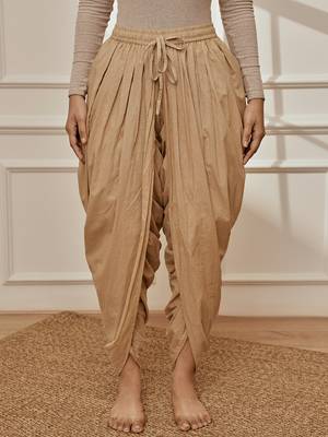 Women's beige cambric cotton dhoti yoga pants with drawstring waist 1