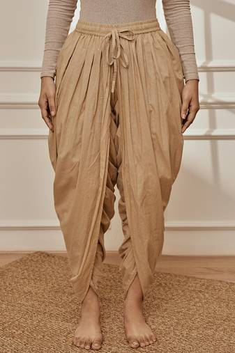 Women's beige cambric cotton dhoti yoga pants with drawstring waist