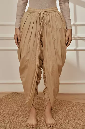 Women's beige cambric cotton dhoti yoga pants with drawstring waist
