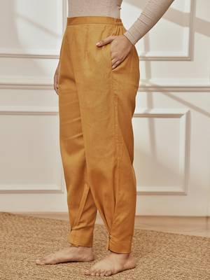 Wodusty saffron cotton linen straight yoga pants with adjustable buttons 2