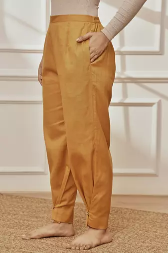 Wodusty saffron cotton linen straight yoga pants with adjustable buttons