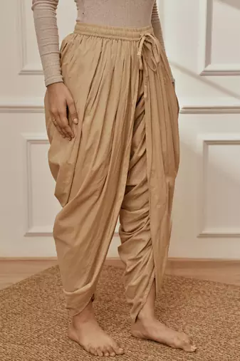 Women's beige cambric cotton dhoti yoga pants with drawstring waist