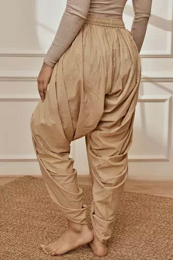 Women's beige cambric cotton dhoti yoga pants with drawstring waist