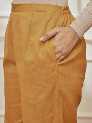Wodusty saffron cotton linen straight yoga pants with adjustable buttons 4