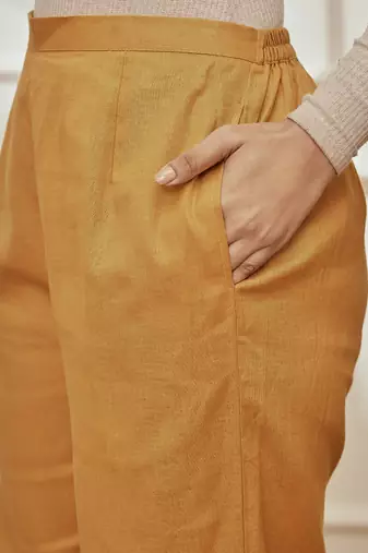 Wodusty saffron cotton linen straight yoga pants with adjustable buttons
