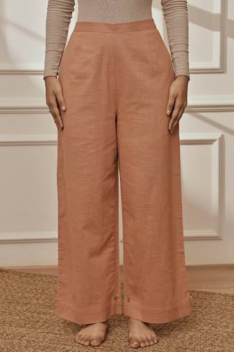 Women's rose pink cotton linen straight yoga pants with adjustable buttons
