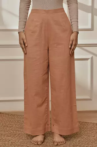 Worose pink cotton linen straight yoga pants with adjustable buttons