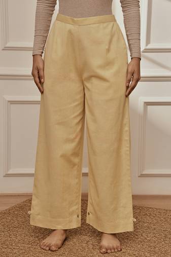 Women's chiku cotton linen straight yoga pants with adjustable buttons