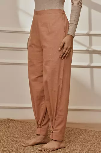 Worose pink cotton linen straight yoga pants with adjustable buttons