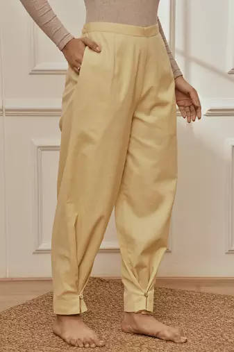 Wochiku cotton linen straight yoga pants with adjustable buttons