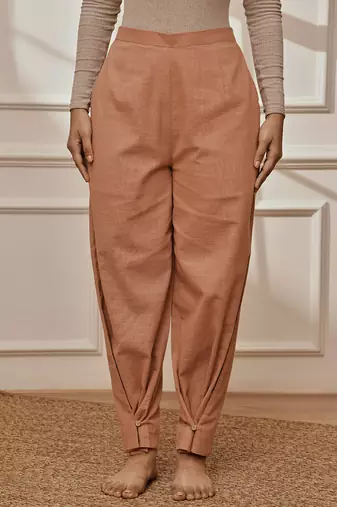 Worose pink cotton linen straight yoga pants with adjustable buttons