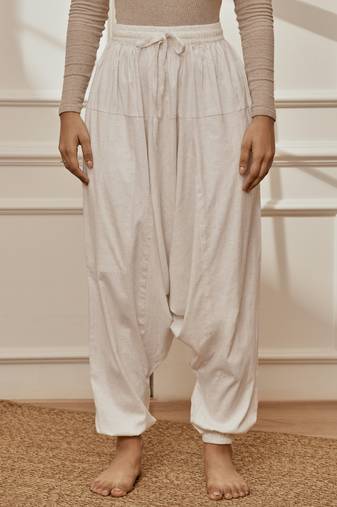 Women's white cotton lycra harem yoga pants with drawstring & elasticated waist