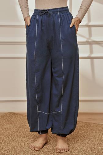 Women's navy blue cambric joggers yoga pants with geometric embroidery