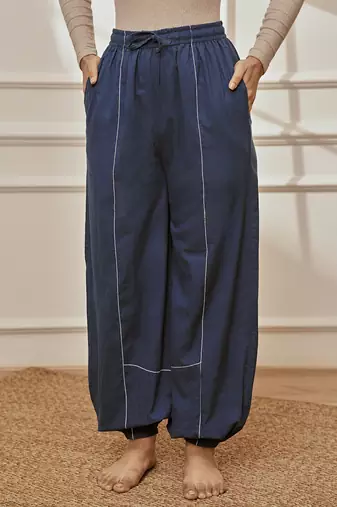 Women's navy blue cambric joggers yoga pants with geometric embroidery