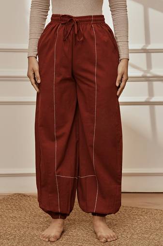 Women's maroon cambric joggers yoga pants with geometric embroidery