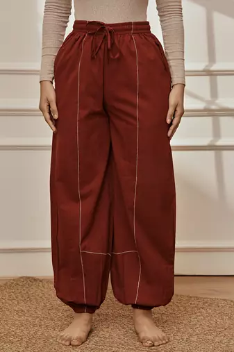 Women's maroon cambric joggers yoga pants with geometric embroidery