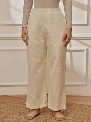 Women's beige cotton linen straight yoga pants with adjustable buttons 1