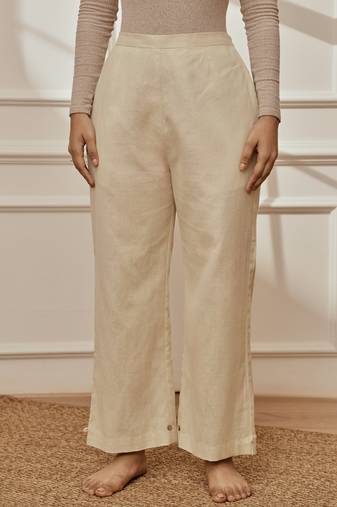 Women's beige cotton linen straight yoga pants with adjustable buttons