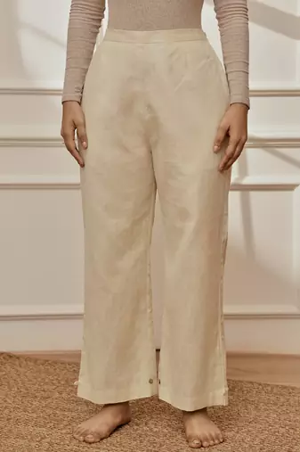 Women's beige cotton linen straight yoga pants with adjustable buttons