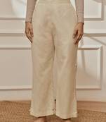 Women's beige cotton linen straight yoga pants with adjustable buttons