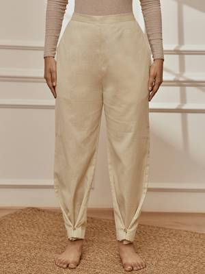 Women's beige cotton linen straight yoga pants with adjustable buttons 2