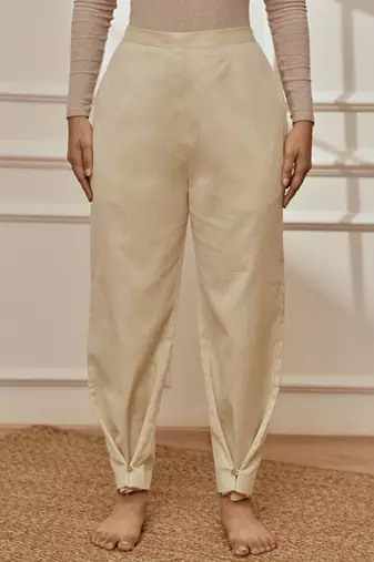Women's beige cotton linen straight yoga pants with adjustable buttons