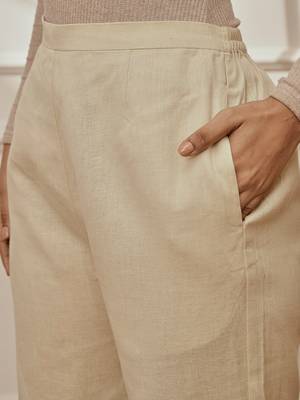 Women's beige cotton linen straight yoga pants with adjustable buttons 3
