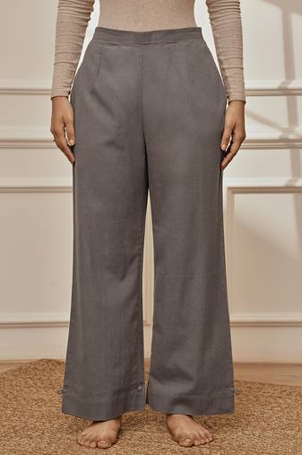 Women's grey cotton linen straight yoga pants with adjustable buttons