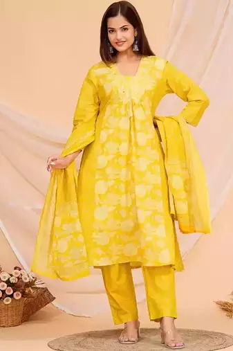 Yellow Printed Cotton Kurta and Pant Set with Dupatta