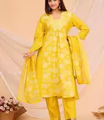 Yellow Printed Cotton Kurta and Pant Set with Dupatta