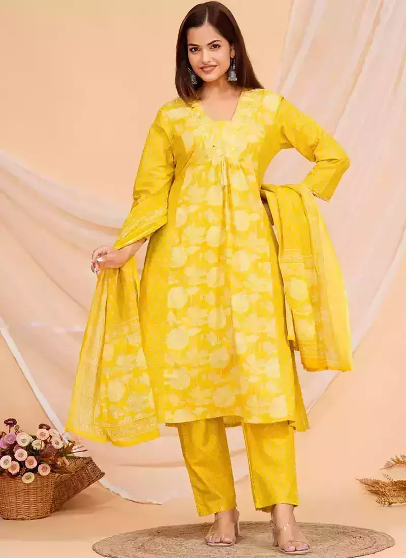 Yellow Printed Cotton Kurta and Pant Set with Dupatta
