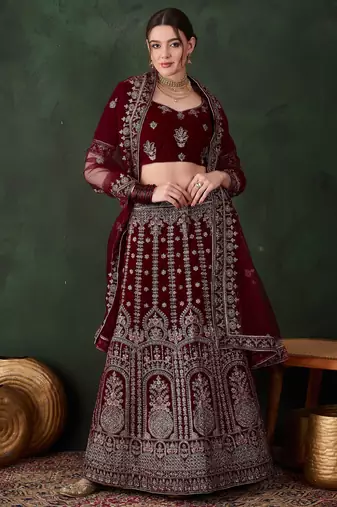 Maroon Semi-Stiched Heavy Zari Embroidery Velvet Lehenga Choli 