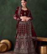 Maroon Semi-Stiched Heavy Zari Embroidery Velvet Lehenga Choli 