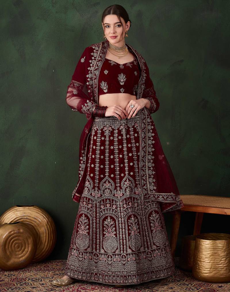 Maroon Semi-Stiched Heavy Zari Embroidery Velvet Lehenga Choli 