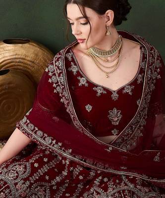Maroon Semi-Stiched Heavy Zari Embroidery Velvet Lehenga Choli  2