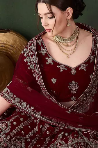 Maroon Semi-Stiched Heavy Zari Embroidery Velvet Lehenga Choli 