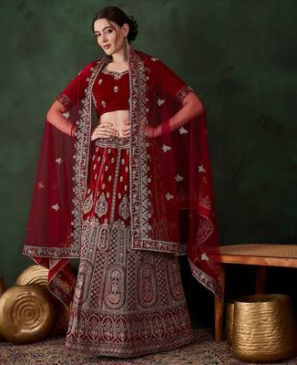 maroon semi-stiched heavy zari embroidery velvet lehenga choli  1