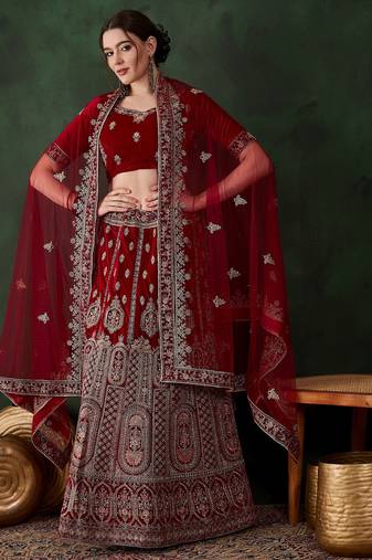 Maroon Semi-Stiched Heavy Zari Embroidery Velvet Lehenga Choli 