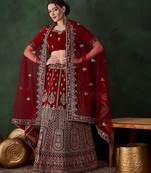 maroon semi-stiched heavy zari embroidery velvet lehenga choli 