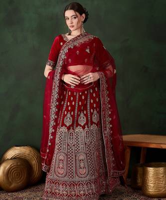 maroon semi-stiched heavy zari embroidery velvet lehenga choli  2