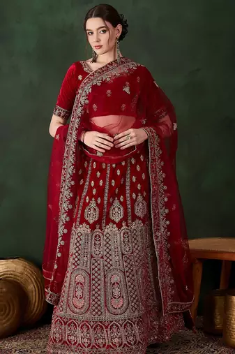 maroon semi-stiched heavy zari embroidery velvet lehenga choli 