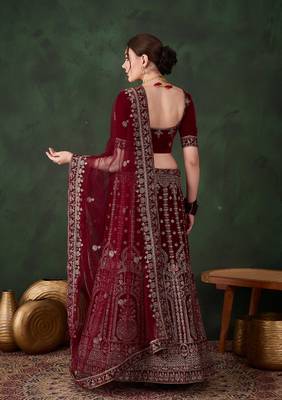 Maroon Semi-Stiched Heavy Zari Embroidery Velvet Lehenga Choli  3