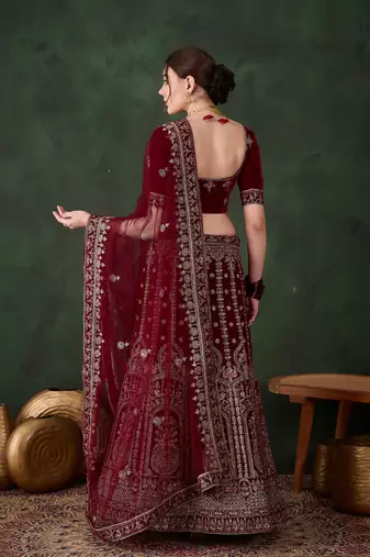 Maroon Semi-Stiched Heavy Zari Embroidery Velvet Lehenga Choli 