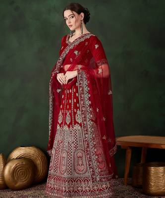 maroon semi-stiched heavy zari embroidery velvet lehenga choli  3