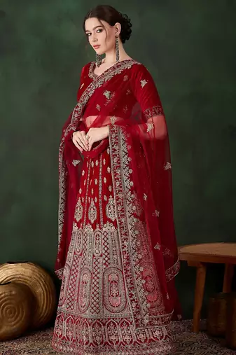 maroon semi-stiched heavy zari embroidery velvet lehenga choli 