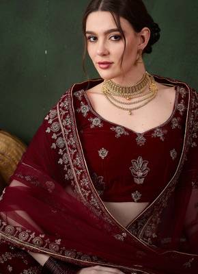 Maroon Semi-Stiched Heavy Zari Embroidery Velvet Lehenga Choli  4