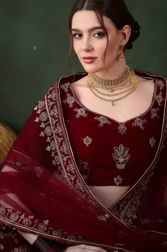 Maroon Semi-Stiched Heavy Zari Embroidery Velvet Lehenga Choli 