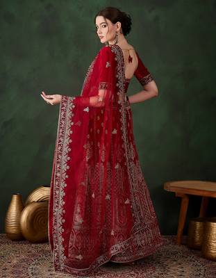 maroon semi-stiched heavy zari embroidery velvet lehenga choli  4