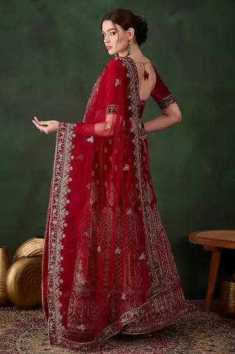 maroon semi-stiched heavy zari embroidery velvet lehenga choli 